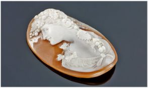 A Fine Late 19th Century Shell Cameo of a Classical Maiden, Unmounted. Height 1.75 Inches.