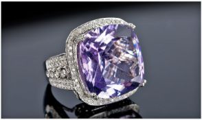 14ct White Gold Amethyst And Diamond Ring, Central Cushion Cut Purple Amethyst, Approx 25cts,