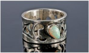 Silver Opal Set Ring, Broad Pierced Band.