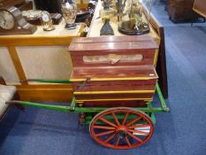 Spanish Antique Street Miniature Barrel Organ on Wheels. Makers name on iron frame ``Marca Regs