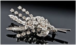 18ct White Gold Diamond Set Spray Brooch with safety chain. c.1950`s. Two central diamond clusters