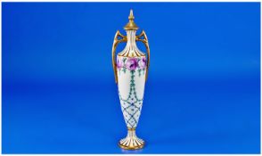Minton`s Two Handled Lidded Urn Shaped Vase. Circa 1890. Minton painted mark to underside of vase.