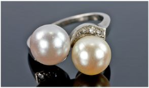 18ct White Gold Pearl Ring, Two Pearls Set On A Twist With Small Diamond Chips, Ring Size N.