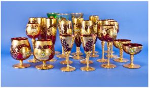 Part Suite Of Ruby Tinted Gold Leafed Decorated Murano Style Glasses, 23 in total. Comprises 2