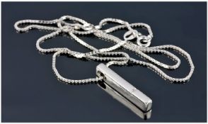 Modern Silver Diamond Set Pendant Suspended On A Fine Link Chain, Complete With Box.