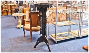 Indian Carved Teak Ebonised Plant Pot Stand. Profusely carved to the octagonal shaped top with