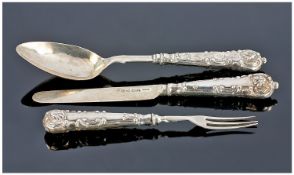 Victorian Three Piece Silver Christening Set Comprising Knife, Fork And Spoon All Hallmarked For