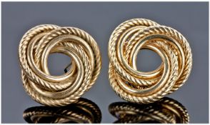 A Pair Of Ladies 9ct Gold Earrings, with triple interlocking rings design. Marked 375.