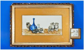 Bessie Bamber (fl.1900-1910) -Oil On Opaque Glass Panel - Study Of Four Kittens Amongst Two Vases,