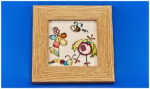 Moorcroft Modern ``Nursery Pastimes`` Plaque. Date 2011. Wood frame. 6 by 6 inches. Mint condition.