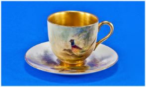 Royal Worcester Hand Painted Miniature Cup and Saucer ``Pheasants``. Cup 2 inches high, signed R