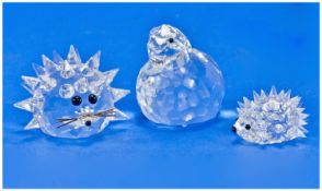 Swarovski Silver Crystal Figures, 3 In Total. 1, Hedgehog, designer Max Schreck, 1.5 inches high,