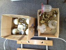 Collection Of Brass Wall Lights, 7 In Total. All with glass shades with a two branch chandelier