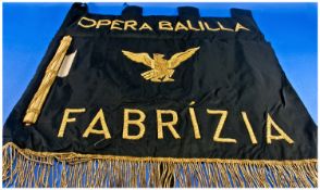 Italian Fascist Youth `Opera Balilla` Banner, gold bullion thread on black taffeta, reading `Opera