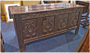Charles II Dated Oak Coffer 1679 with four carved original panels to the front, with diamond shaped