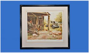 R.P. Reynolds. Large Coloured Print of Four Shire Horses Pulling a Plough. In gilt frame. Dated