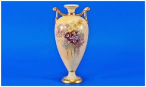 Royal Worcester Blush Ivory Two Handle Vase ``Spring Flowers``. Date 1907. Height 8.25 inches. Good