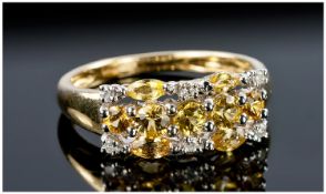 9ct Gold & Diamond Dress Ring, Set With A Round Vrilliant And Marquise Shaped Citrines Between