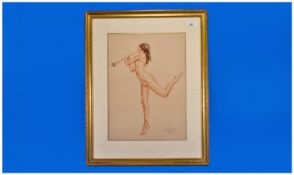 Crayon Drawing Of A Nude Girl Playing A Pipe, with legs outstretched. Signed indistinctly. South