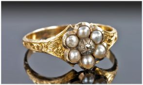 Early Victorian 18ct Gold Set Ladies Seed Pearl and Diamond Ring. Flower head pattern with locket