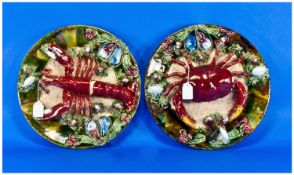 Pair Of Portuguese Crab & Lobster Majolica Plates. Diameter 12 Inches