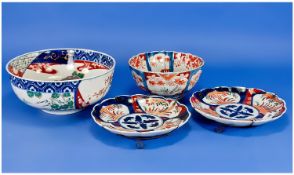 Four Pieces Of Japanese Imari Porcelain Items. A Small ribbed bowl, 7 inch diameter, pair of small