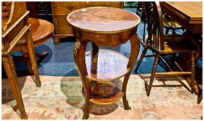 French Style Circular Pedestal Table, Single Drawer With Two Shelves, Profusely Inlaid And Ormolu