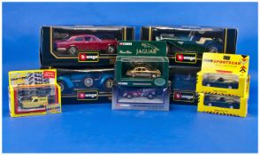 A Collection of 9 Boxed Cars, comprising Burago Rolls-Royce Camargue, Jaguar ``E`` Cabriolet (