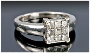 18ct White Gold Diamond Ring Set With 9 Princess Cut Diamonds, Fully Hallmarked, Ring Size K,