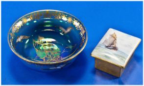 A 1920`s Small Crown Devon Blue Lustre Bowl depicting a sailing ship in sail. Marked to base (Devon
