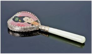A Chinese Silver Hardstone and Hand painted Handbag or Dressing Table Mirror. The heart shaped