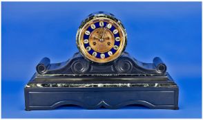 Extremely Fine Quality French Black Marble Mantel Clock. with round enameled blue dial, raised