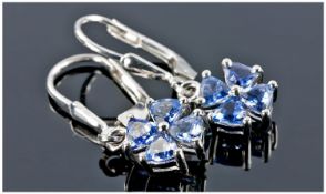 Tanzanite Lever Back Earrings, each drop comprising four trillion cut tanzanites forming a cluster