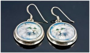 Pair Of Ladies Silver Earrings, Front Showing Images Of Cats, Diameter 21mm, Stamped 925