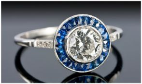 Art Deco Style Diamond & Sapphire Ring, The Central Round Single Stone Diamond Surrounded By Approx