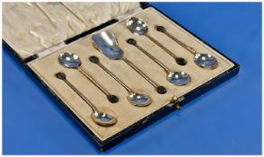 Cased Set Of Six Coffee Bean Spoons And Matching Sugar Scoop, All Fully Hallmarked For Birmingham !