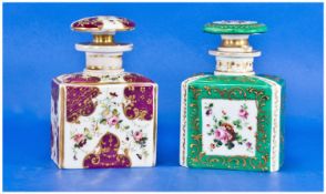 Pair of French Porcelain Canister Shape Perfume Bottles. With floral green decoration, together
