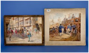 Pair of Unsigned Watercolour Drawings, one depicting an Elizabeth Street Scene with colourful