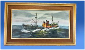 Oil Painting On Board Of An Ocean Going Trawler. Signed Broskell. 38 inches by 22 inches.
