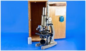 Monocular Microscope In Case By M.H.R. Model number 301. The chrome plated parts attached to the