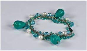 Turquoise, Sea Blue Apatite and Freshwater Pearl Bracelet, each apatite, pearl and a few small