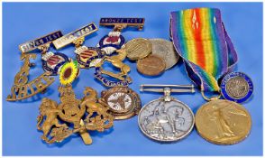 WW1 Interest, Comprising Two War Medals Awarded To 306084 PTE J Topping L Pool R. + Badges etc.