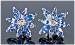 Pair Of Silver Tanzanite & Diamond Stud Earrings, Flower Head Design, Stamped 925, Diameter 14mm,