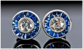 Art Deco Style 14ct Gold Diamond & Sapphire Earrings, The Central Round Single Stone Diamond