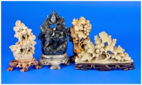 Four Small Chinese Soapstone Carvings, all depicting fruit and floral decoration. Green, brown and