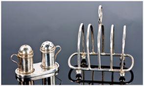 Small Silver Miniature Toast Rack, Height 73mm. Together With a Miniature Salt And Pepper Raised On