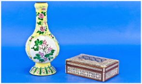 Chinese Canton Enamel Vase together with Moroccan Cigarette Box.