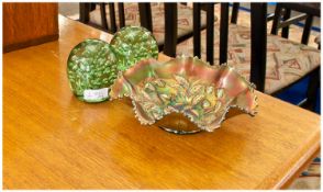 Carnival Glass Dish together with a pair of St Helens type dump bubble paper weights.