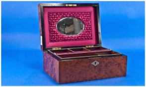 Victorian Walnut Inlaid Ladies Jewellery Box. Fully fitted interior in red silk, with lift out tray