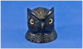 Black Forest Novelty Ebony Carved Ink Well in the form of a barn owls head with glass eyes.